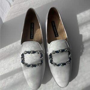 Karl Lagerfeld White Flats with Blue Embellishments